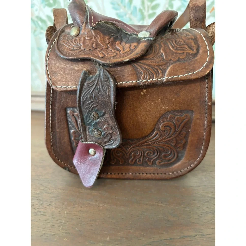 Vintage 70s Tooled Leather Handmade Shearling Horse Saddle Purse Western Bag